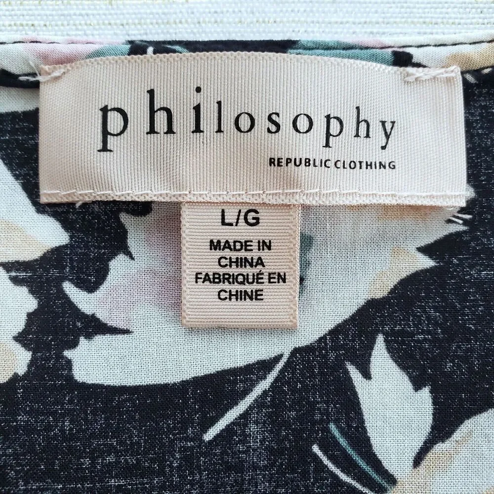 Philosophy Top Womens L Blue Floral Tie Neck Blouse Cottagecore Preppy Boho Twee